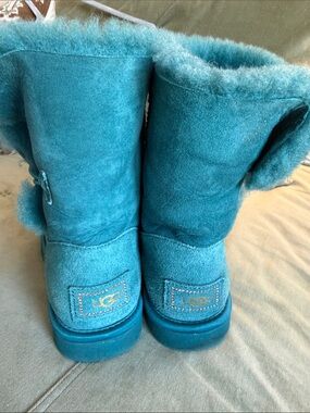 UGG Teal Suede Mid-Calf Boots with Shearling Trim